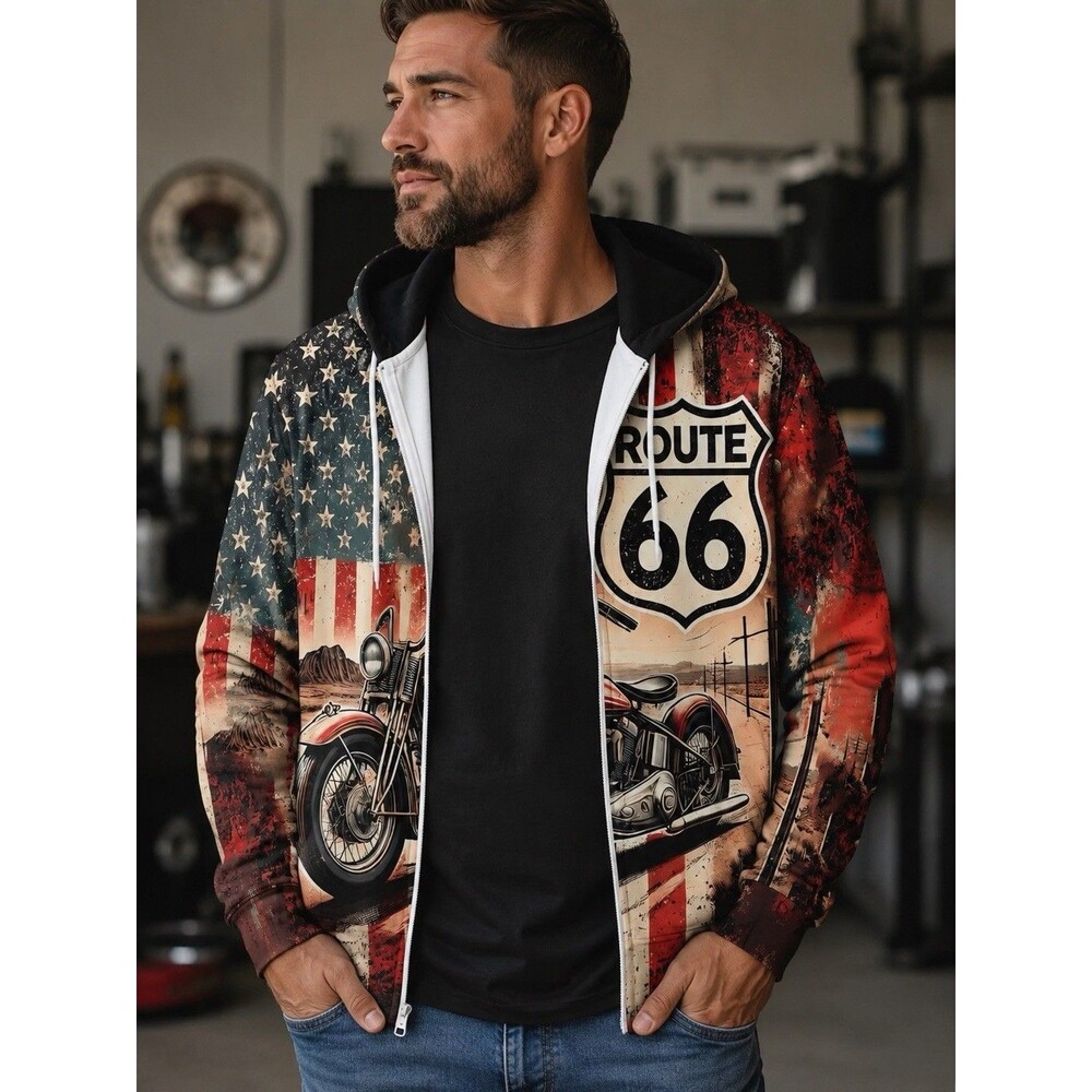 Men's XL Route 66 Motorcycle Full Zip Hoodie Patriotic Graphic Jacket Americana